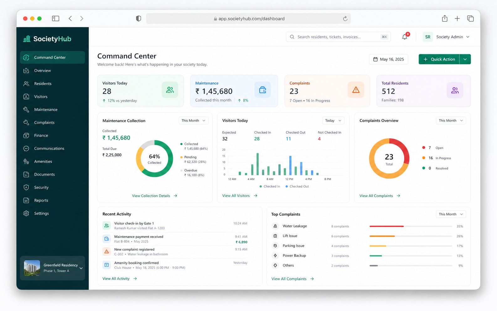 SocietyHub command center shown inside a macOS browser window