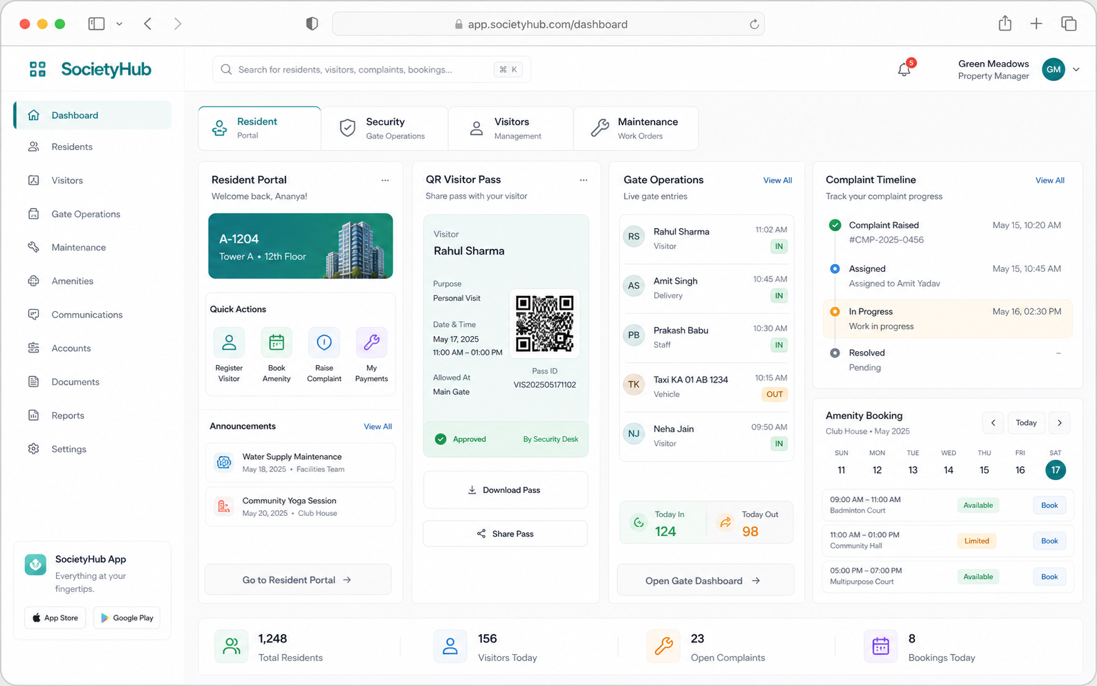 SocietyHub resident portal, QR visitor pass, gate operations, complaint timeline, and amenity booking shown in a macOS browser screenshot